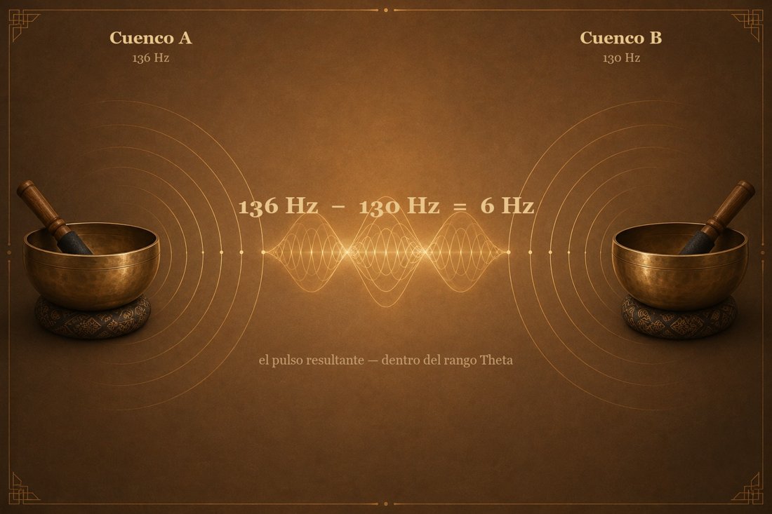 Diagrama del libro: dos cuencos con distinta frecuencia, la resta entre ambas genera el pulso binaural